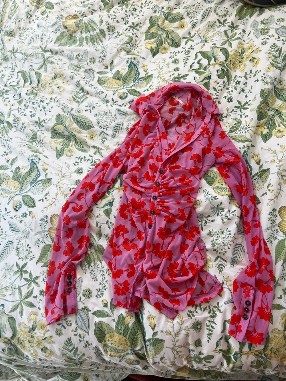 Free People Pink and Red Floral Ruched Button-Front Blouse